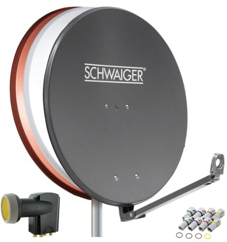 SCHWAIGER 4609 SAT-Anlage Aluminium XXL Satelliten-Set Satellitenschüssel Quad LNB digital 8X F-Stecker 7mm SAT-Antenne Komplettset Anthrazit 88 x 88 cm