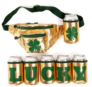 Tipsy Elves Sac banane pour la Saint-Patrick - Grand sac de voyage unisexe avec poche zipp e - Sangle r glable - Pour homme et femme, Or chanceux, One Size, Lucky Sac banane dor avec 6 porte-gobelets