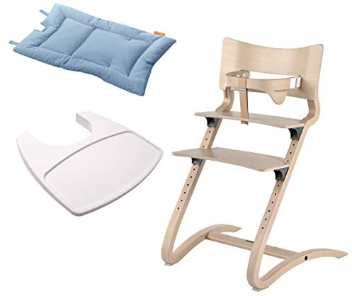 Leander Stuhl white wash - Hochstuhl - Kinderstuhl - Erwachsenenstuhl mit Babybügel + Tablett weiß + Kissen dusty blue