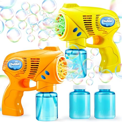 JOYIN 2 Seifenblasenpistole für Kinder mit Seifenblasenflüssigkeit (2 * 130 ml), seifenblasenmaschine für Party, Seifenblasen Pistole für Sommer Party, Indoor Outdoor Aktivitäten, Ostern(gelb+orange)