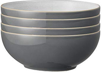 Denby - Elements Fossil Grey Cereal Bowls Set of 4 - Dishwasher Microwave Safe Crockery 820ml 17cm - Dark Grey, White Ceramic Stoneware Tableware - Chip & Crack Resistant Soup Bowls