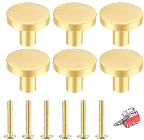 XKQYX Brass Drawer Knobs, Cupboard Handles, Kitchen Wardrobe Cabinet Dresser Drawers Door Pull Handles and Knobs, Round Furniture Knobs and Handles - 6 Pcs