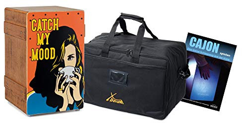 XDrum Design Series Cajon “Catch my mood” Set - Designer-Cajon mit Pop Art-Aufdruck - Integrierter Bass Port - Korpus aus HPL in Bananenkisten-Optik - Snare-Effekt - inkl. Tasche und Cajon-Schule