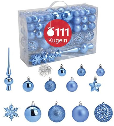WOMA Christbaumkugeln Set Königsblau & 19 weiteren Farben - 111er Weihnachtskugeln Set inkl. Metallhaken - Weihnachtskugeln Kunststoff - Weihnachtsbaum Deko & Christbaumschmuck