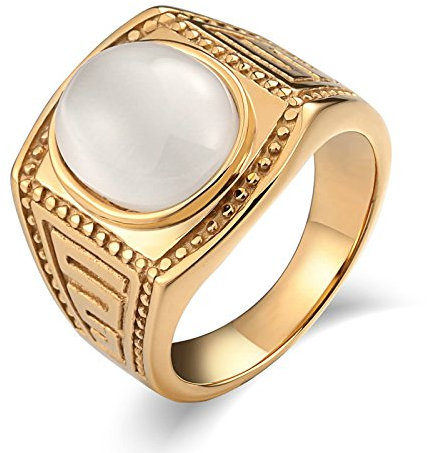 KnSam Herren Ring, Edelstahl Ring Herren Oval Aus Edelstahl Siegelring Für Herren Männer Mit Opal Weiß Ring Mit Kostenlos Gravur