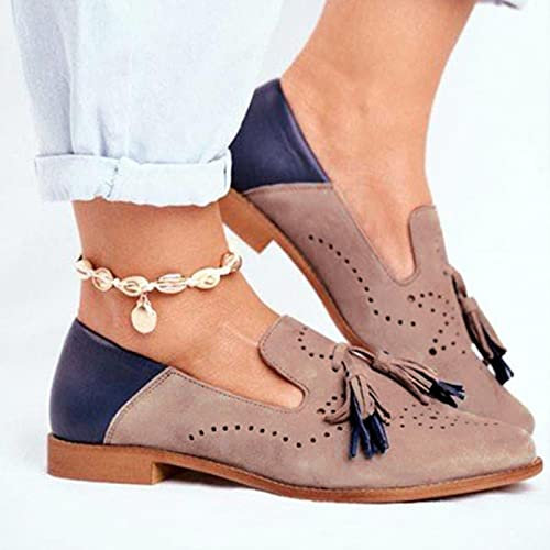 ZXCN Femmes brousses Appartements Automne Nouvelle Femme Mode Tassel Round Toe Chaussures Fringe PU Cuir Mocaafers Madame Chaussures Plus de Taille 35-42 Pink Gray