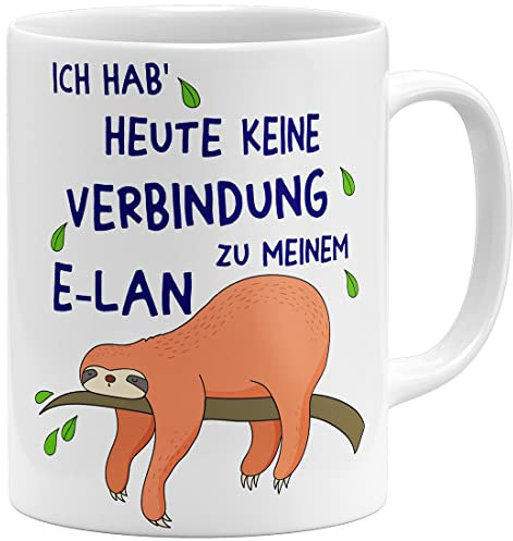 OM3® Faultier mit Spruch - Ich habe heute keine Verbindung zu meinem E-Lan Tasse II | Keramik Becher | 11oz 325ml | Beidseitig Bedruckt | Weiss