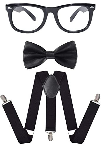 Dreamzfit - Kostüm für Erwachsene, Nerd-Kostüm, schwarzes Geek-Gläser, Nerd-Fliege und schwarze Hosenträger – Junggesellinnenabschied, Cosplay, Mottoparty-Outfits