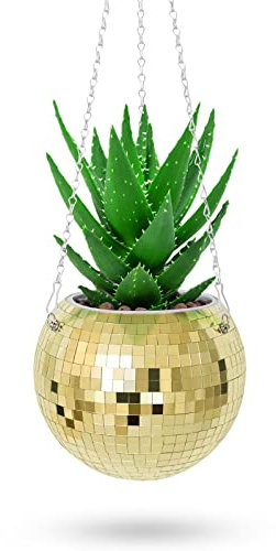 OtNiap Discokugel-Pflanzgefäß, goldfarben, hängend, für den Innenbereich, 15,7 x 15,7 x 66 cm (B x L x H)