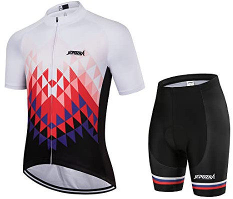 JEPOZRA Fahrradtrikot Herren MTB Kleidung Sommer Lycra Radbekleidung Atmungsaktiv Radtrikot Kurzarm + Fahradhose mit Sitzpolster 4D für Fahrrad Rennrad Mountainbike (XL, Rot weiß)