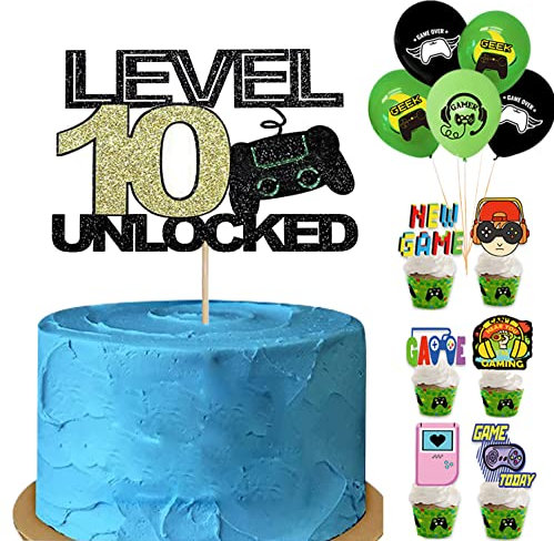 Tortendeko Geburtstag Junge Videospiel Torten Deko Gaming 24 Stück,10th Geburtstag Kuchen Deko Cake Topper Happy Birthday, level 10 unlockedKuchen Dekorationen für Jungs (Level 10)