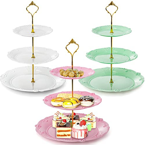 Fasmov Lot de 3 présentoirs à cupcakes à 3 étages en plastique réutilisables pour gâteaux, fruits, bonbons, pâtisseries - Pour mariage, anniversaire, fête prénatale, thé - Blanc, rose, vert