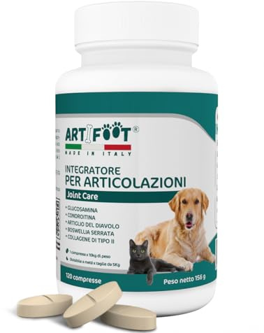 ARTIFOOT - Integratori per Cani Articolazioni - 120 Compresse Insapore - Glucosamina e Condroitina, Boswellia, Artiglio del Diavolo e Collagene di Tipo II - Condroprotettori Cane e Gatto