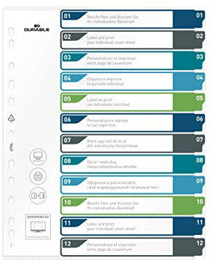 Durable Ordnerregister 1-12, A4+ hoch, beschriftbares Indexblatt, 100% recycelbar, mehrfarbig, 679627