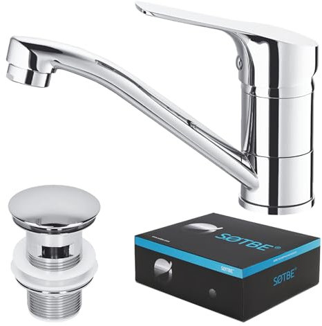 SOTBE Wasserhahn Bad Massiv Messing 1100 g - Waschtischarmatur Bad mit Ablaufgarnitur Chrom - Waschtisch Armatur Badezimmer - Wassersparende Mischbatterie Waschbecken - Auslauf 360° Drehbar