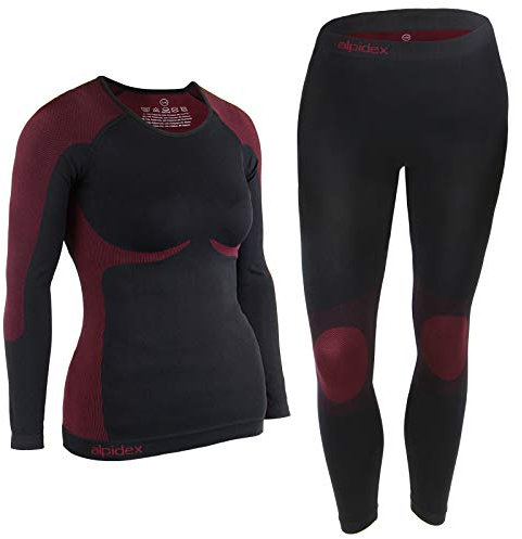 ALPIDEX sous vêtement Thermique Femme Tenue Fonctionnel Ensemble Ski Chaud Flexible Respirant Hiver Automne, Taille:2XL/3XL, Couleur:Noir-Rouge