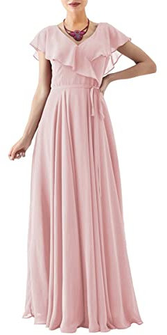 Robes de demoiselle d'honneur à col en V longues et volants à manches courtes pour jeunes adolescents, Rose poudré, 38