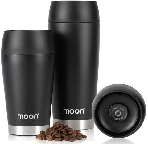 Moon 360° Thermobecher, Kaffeebecher to go thermo, Travel Mug 300ml, Coffee to go becher, Isolierbecher auslaufsicher - BPA-freie, Doppelwandiger Edelstahl, 100% dicht, 360°-Trinköffnung, Schwarz