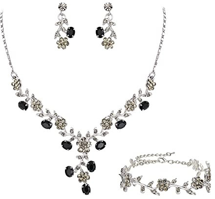 EVER FAITH Hochzeit Party Schmuck Set für Braut österreichischen Kristall Cluster Blume Kostüm Halskette Ohrringe Armband Set Schwarz Silber-Ton