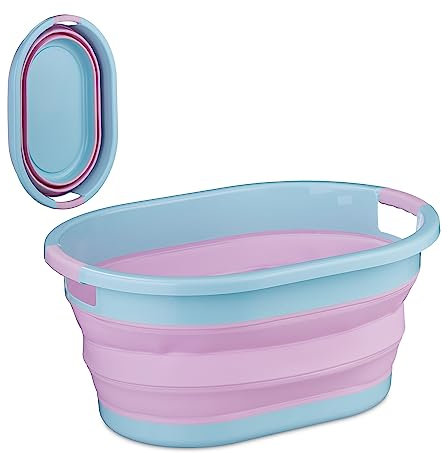 Relaxdays Cesta para la Colada Plegable 22 litros, Cubeta Lavado Plástico con Asas, Resiste hasta 30 kg, Rosa y Azul, 24 x 53 x 38 cm