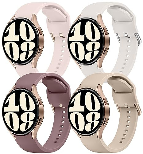 Mugust 4Pack Correas para Samsung Galaxy Watch 6/5/4 40mm 44mm/Watch 5 Pro 45mm/Watch 6 Classic 43mm 47mm/Watch 4 Classic 42mm 46mm Silicona Pulseras Mujer Hombre(Rosa/Starlight/Marrón/Humo morado)