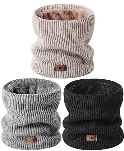 MSDC Schal Herren Winter 3 Stück, Halswärmer Schlauchschal Damen Thermal Dick Warm mit Fleece Gefüttert Kaltes Wetter, Loop Halsschlauch Halstuch Ski-Gesichtsmaskenabdeckung(Schwarz,Beige,Grau)