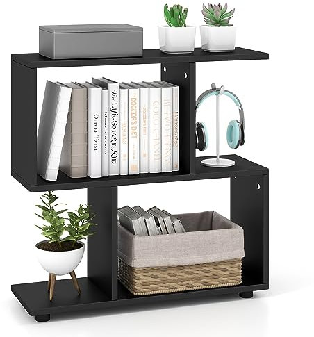 SFAREST 3-Tier Bookshelf, Wooden S-Shaped Display Shelf with 4 Compartments, Freestanding Storage Cabinet Shelving Unit Open Cube Bookcase for Living Room Home Office (Black, 60 x 20 x 60cm)