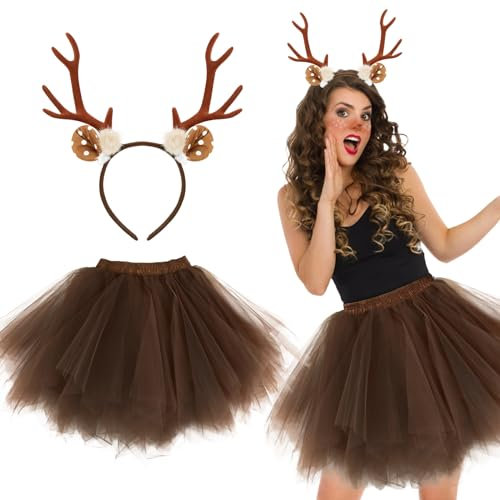 BOFUNX Damen Rentier Kostüm Rentier Geweih Haarreif mit Tüllrock Weihnachten Geweih Kostüm REH Kostüm Tierkostüm für Weihnachten Fasching Karneval Mottoparty XL