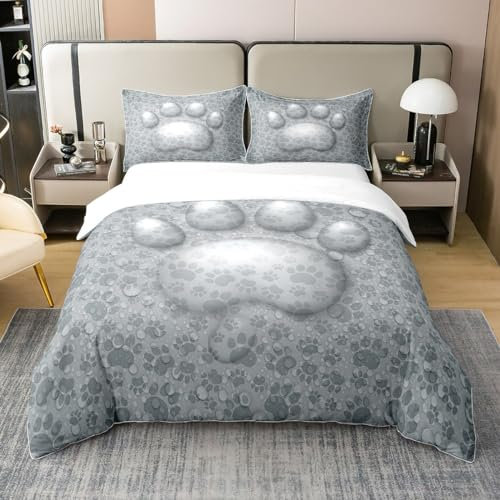 3D Hundepfote 100% Baumwolle Bettbezug, Nette Haustier Grau Welpen Fußabdruck Bettwäsche Set für Schlafzimmer, Kinder Teens Hund Liebhaber Zimmer Bettwäsche Reißverschluss Verschluss 135x200 Größe