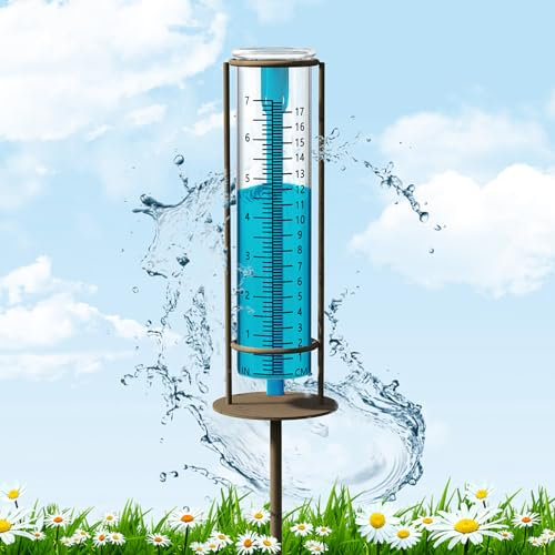 Regenmesser für den Außenbereich, 17,8 cm Kapazität, Glas-Regenmesser mit Metallpfahl, Regenmesser, ideal für Hof, dekorativ für Garten, Terrasse, Rasen, Landschaft (blau)