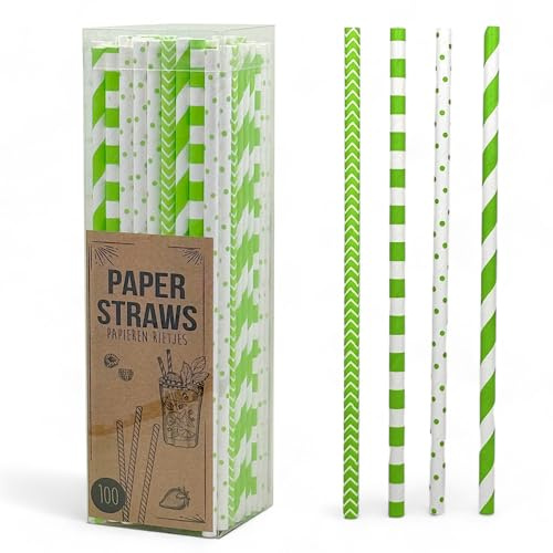 MIJOMA Papier-Trinkhalme, Umweltfreundliche Papierstrohhalme für Kindergeburtstag, Hochzeit, Babytaufe, Party - Biologisch abbaubar (Grün - Punkte & Streifen, 100 Stück)