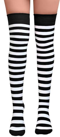 NuJake Black & White Striped Over The Knee Socks Fancy Dress Cosplay Girls UK Size 4-5.5 (Cotton Blend, Black & White)