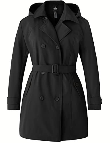 Wantdo Damen Übergröße Trenchcoat Wasserdichter Jacken Zweireihiger Klassischer Damenmantel mit Revers Elegant Mäntel mit Verstellbare Gürtel Schwarz 54-56