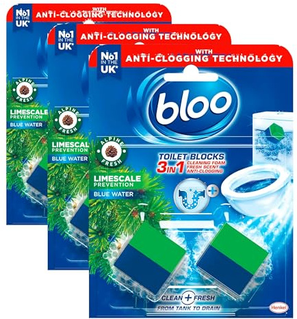 Bloo New 3in1 Toilet Blocks, Pack of 6, Toilet Limescale Remover Cistern Block, Toilet Cleaner Block with Cleaning and Foaming Action, Toilet Fresheners - Limescale Prevention