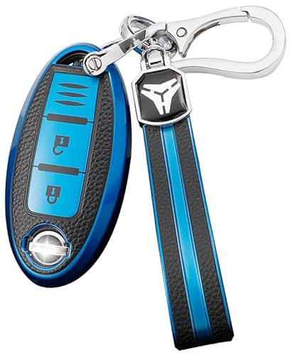 Misuyue N-issan Qashqai Key Cover for N-issan 350Z Qashqai Murano X-Trail Kicks Tiida Micra Pathfinder Note Juke, 3 Button TPU and Leather N-issan Juke Key Cover + Rope Clasp (Blue)