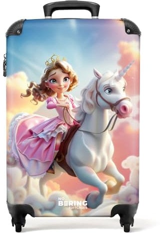 NoBoringSuitcases.com Valise Enfant, Valise Cabine, Valise Enfant Fille, Bagages Enfant Suitcase, Valise pour Enfant, Valise Cabine Fille, Valise Cabine 55x35x25cm (Princesse, Licorne - Rose-Blanc)