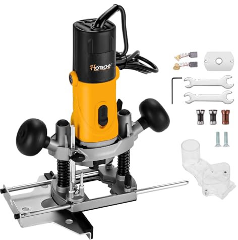 Hoteche 850W Oberfräse mit 30mm max Arbeitstiefe - Elektrische Holzfräse mit Kupferdrahtmotor, 11500-3200rpm Leerlaufdrehzahl, 6mm Spannloch, Alu-Grundplatte und VDE Stecker - Gelb-Schwarz