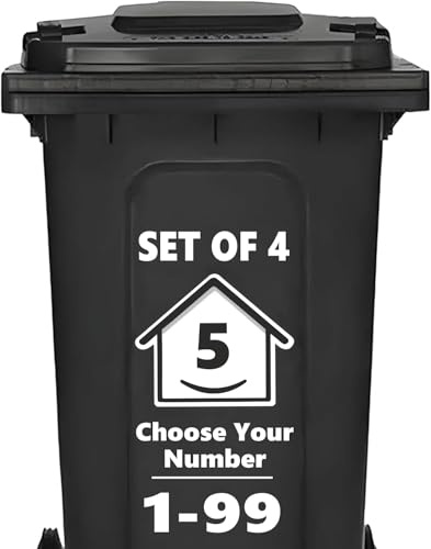 4 x Bin Numbers for Wheelie Bins, 1-99, 15cm ‘Happy House’ Design Dustbin Stickers, Easy Application Stick On Number Stickers - Weatherproof Self Adhesive Vinyl, Black (5)
