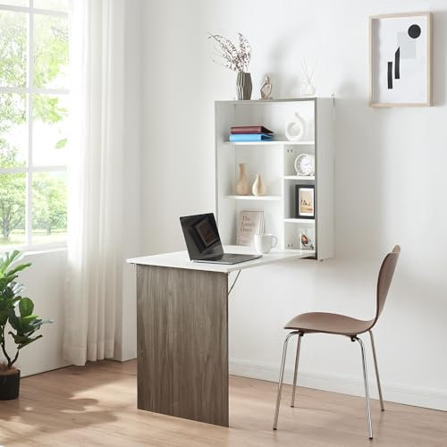 [en.casa] Tavolo Ribaltabile a Parete Scrivania a Scomparsa Tavolo Pieghevole a Muro con Scomparti Portaoggetti Mobile Salvaspazio - Bianco/Effetto Legno