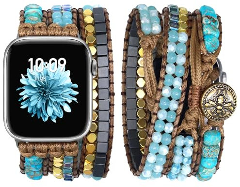 JR.DM Boho Armband Kompatibel mit Apple Watch Armband 38mm 40mm 41mm 42mm 44mm 45mm 46mm Naturstein Armbänder Handgefertigtes Geflochtenes Uhrenarmband für iWatch Series 10/9/8/7/6/5/4/3/2/1/SE