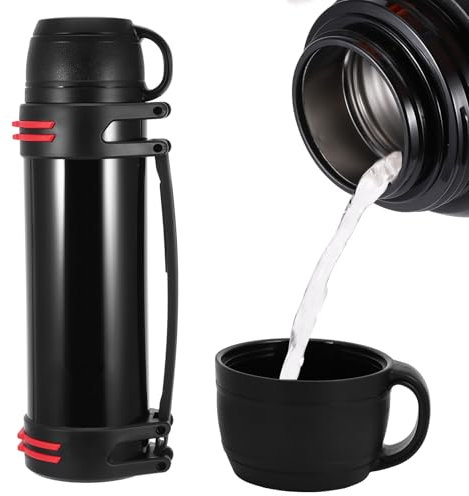 Hangrow Bouteille isotherme en acier inoxydable de grande capacité pour boissons chaudes et froides, gourde de voyage pour nourriture et soupe (noir, 2 000 ml)