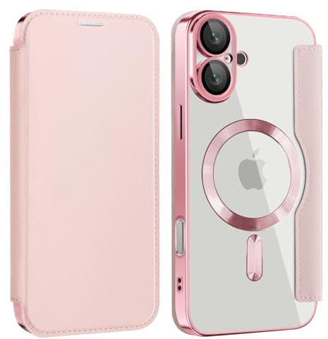 Unichthy Flip Case for iPhone 16 Plus Clear Cover Support MagSafe |RFID Blocking| Wallet Purse Shockproof Leather Stand Cover Individual Protection for Each Lens Phone Skin for iPhone 16 Plus Pink