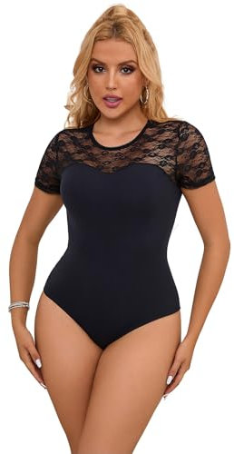 ohmydear Women's Bodysuits Plus Size Lace Patchwork Short Sleeve Leotard Tops Ladies Crew Neck Going Out Thong Body Suits Black 2XL