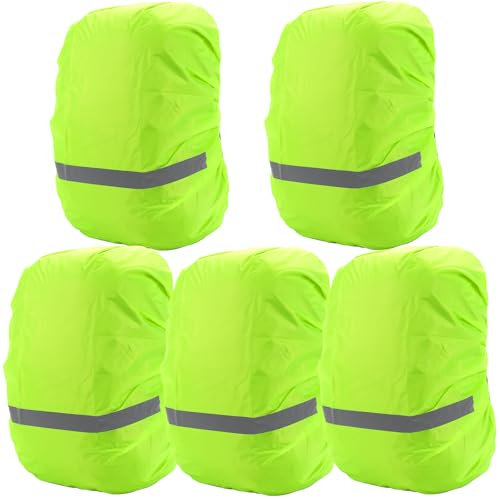 5 Stück Rucksack Regenschutz, 18-30L Kinder Regenschutz Schulranzen mit Reflektierenden Streifen, 210D Wasserdicht Reflektor Rucksack Cover für Camping Wandern Outdoor(Fluoreszierendes Grün)