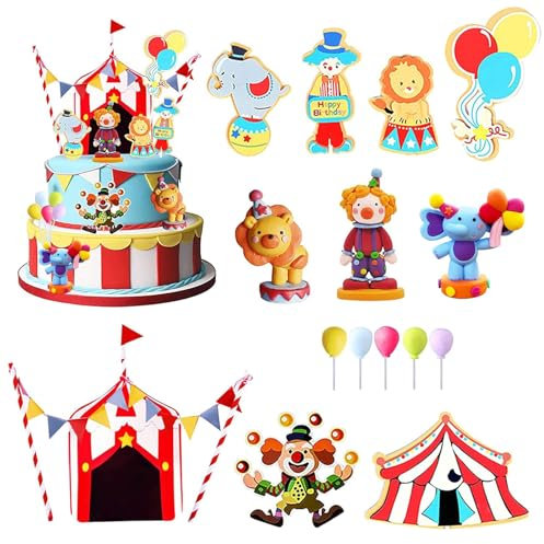 24 PCS Zirkus Cake Topper, Zirkus Cupcake Topper, Kuchen Topper Zirkus, Clown Tiere Luftballons Zirkus Tortendeko, DIY Cupcake Topper Zirkus für Geburtstag Karnevals Party Dekorationen