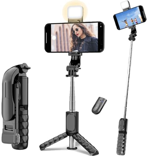 Selfie Stick tripod with Fill Light, 360° Rotating Phone Tripod Stand, Mini 30 Travel Tripod for Selfies with Detachable Bluetooth Remote, Compatible with iPhone, Samsung, Huawei, Android