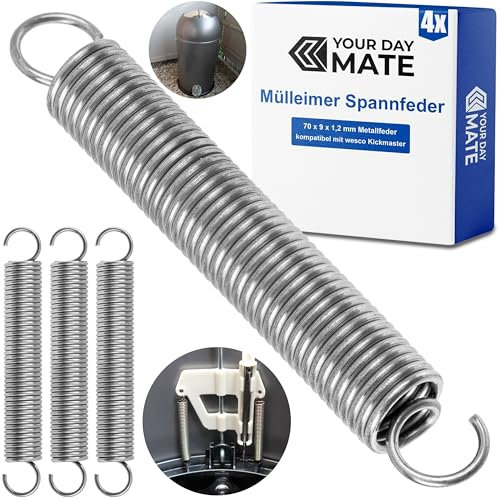 Replacement tension spring for waste bin, 4 pieces, made of spring steel, compatible with wesco Kickmaster, 70 x 9 x 1.2 mm metal spring, double hook Replacement spring set for pedal bin