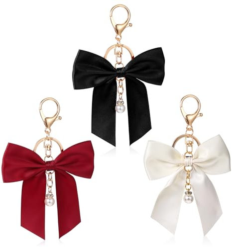Piriuuo Lot de 3 breloques de sac à main avec nœud pour sac à main, porte-clés de voiture, accessoires pour femmes et filles, Rouge, noir, beige, L