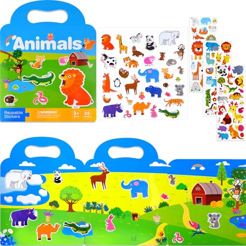 NEBURORA Wiederverwendbares Puffy-Stickerbuch für Kinder, 88 Stück Tieraufkleber,Reisesticker für Kinder mit Flugzeugaktivitäten und pädagogischen Lernspielzeug-Szenenaufklebern, Geburtstagsgeschenke