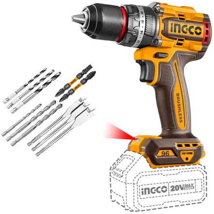 INGCO 20V Cordless Brushless Impact Drill (Body Only) 96NM Combi Drill, 13mm Chuck, 22+1+1 Torque, 2 Speed, LED Light for Home, Garden DIY Project CIDLI209681